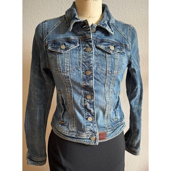 Pilcro & The Letterpress Anthropologie Jean Jacket Leather Size Small‎ EUC - Picture 1 of 6